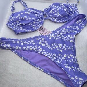 Wild Fable Bikini Top & Bottoms Purple with White Daisies Size L